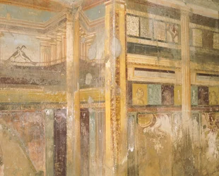Detail des Freskos, Teil der Wanddekorationen, Haus des Labyrinths, Pompeji, Kampanien, Römische Zivilisation