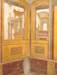 Detail der freskierten Wand in falscher Architektur, Haus der Vettii, Pompeji, Kampanien, römische Zivilisation
