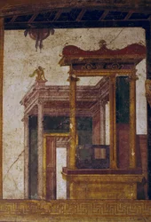 Fantastische Architekturen, Fresko aus dem Oecus im Haus der Vettii, Pompeji (UNESCO-Welterbeliste)