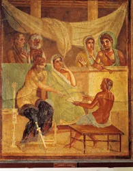 Fresko, das A.D.metus und Alkestis zeigt, die das Orakel konsultieren, aus dem Haus des tragischen Dichters, Pompeji, Italien