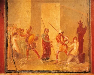 Fresko, das die Begegnung zwischen Priamos, Menelaos und Helena im Königspalast, Pompeji, Kampanien, römische Zivilisation darstellt