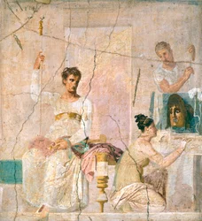 Fresko, das eine Theaterszene darstellt, aus der Basilika von Herculaneum (UNESCO-Welterbe)