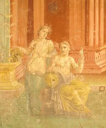Fresko im vierten pompejanischen Stil auf rotem Hintergrund, Haus des Pinario Ceriale, Pompeji, Kampanien, römische Zivilisation