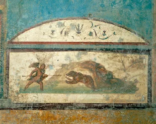 Fresko, das eine Jagdszene zeigt, aus dem Haus der Alten Jagd, Pompeji, Kampanien, Römische Zivilisation