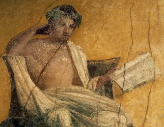 Griechischer Dramatiker Menander, Detail aus Fresko, Peristyl des Hauses des Menander, Pompeji, Kampanien, Italien, römische Zivilisation