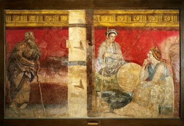 Die königliche Familie Makedoniens und ein Philosoph. Fresko, 325 x 199 cm. Aus Boscoreale bei Neapel. Archäologisches Nationalmuseum, Neapel