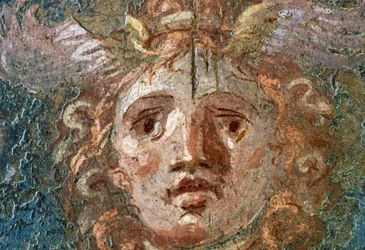 Medallion mit Gorgonenhaupt, rechter Flügel im Haus der Vettii, Pompeji (UNESCO-Welterbeliste)