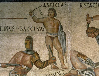 Mosaik mit einer Szene kämpfender Gladiatoren, (Detail) eines Gladiators in Rüstung