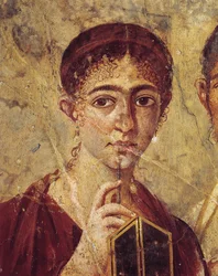 Porträt des Bäckers Terentius Neo und seiner Frau in Festkleidung, Detail der Frau mit ihrem Griffel und dem geöffneten Diptychon, aus Pompeji, Kampanien, Italien, 55-79 n. Chr.
