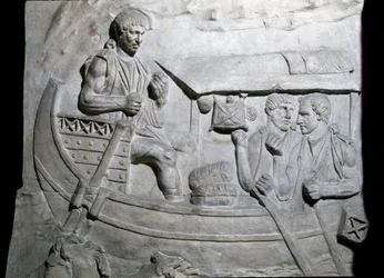 Römische Kunst: Römische Soldaten auf einem Schiff während des ersten Krieges in Dakien