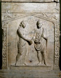 Römische Kunst: Grabaltar, der eine Hochzeitsszene (Junctio dextrarum) darstellt. Flachrelief. Rom, Nationalmuseum