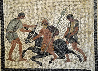 Sileno ebbro: Betrunkener Silen reitet auf einem Esel, gehalten von zwei Dienern. Mosaik aus Pompeji, Haus des Paquius Proculus oder C. Cuspius Pansa - Archäologisches Museum von Neapel, Italien - Museo Archeologico Nazionale, Napoli, Italia - Foto Patrice