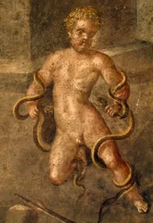 Der junge Herakles erwürgt Schlangen, Detail eines Freskos aus dem Oecus im Haus der Vettier, Pompeji (UNESCO-Welterbeliste)