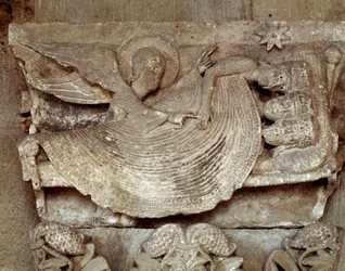 Die schlafenden Heiligen Drei Könige mit einem Engel, der sie weckt und auf den Stern von Bethlehem weist (geschnitztes Kapitell)
