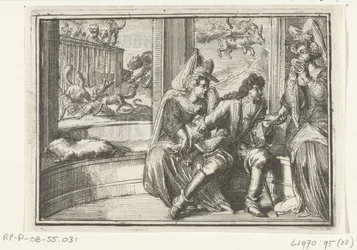 Titelblatt für das Pamphlet: De Hobbel in de Wacht, op de Haasejagt, 1702 (Serie: Esopus in Europa)