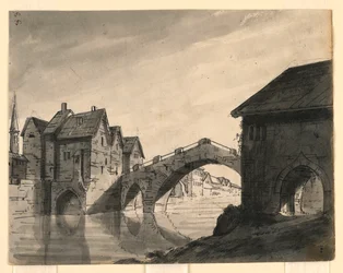 Bühnenbild, Brücke über einen Fluss in einer Stadt