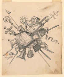 Trophäe mit kirchlichen Gegenständen