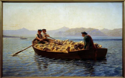 Weidewechsel. Hirten brachten die Schafherde an Bord, um sie zum anderen Ufer zu bringen