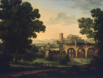 Landschaft mit Ruinen und Wanderern