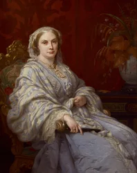 Porträt von Louisa, Ehefrau von Algernon, 6. Herzog von Northumberland, dreiviertel Länge, in einem blauen Kleid und blau-weiß gestreiftem Schal