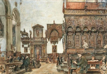 Das Innere der Basilica di Santa Maria Gloriosa dei Frari in Venedig mit Betenden in den Chorstühlen