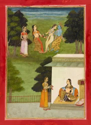 Krishna spielt mit den Gopis, Folio aus einem "Rasikpriya", datiert 1686