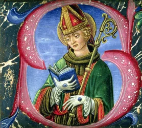 Illustrierter Initialbuchstabe S, der einen Bischofsheiligen darstellt, ca. 1470