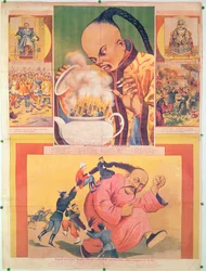 Komisches russisches Plakat, das die Europäer in China verspottet, gedruckt in Moskau, Russland, 1900