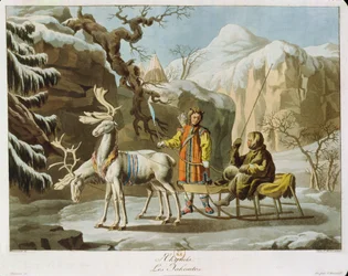 Jakuten aus Zentral-Sibirien in Winterlandschaft, in Pelzen gekleidet und mit einem Rentierschlitten, veröffentlicht 1813