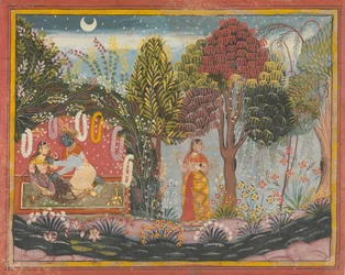 Krishna und Radha in einer Laube: Seite aus einem verstreuten Gita Govinda, ca. 1665