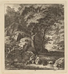 Ein Schäfer und eine junge Frau mit ihren Füßen in einem Bach, 1764
