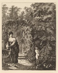 Putto besucht ein Mädchen an einem Brunnen