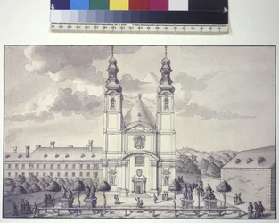 Vollseite: Vorderansicht der Servitenkirche im Vorort Rossau