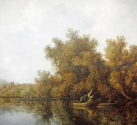 Flusslandschaft mit Fischern in Ruderbooten beim Einholen eines Fangs