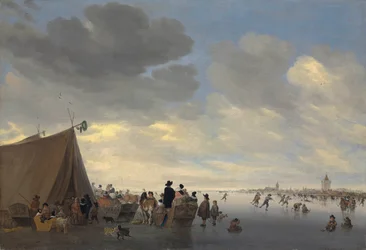 Schlittschuhläufer auf dem zugefrorenen Fluss Lek, die Stadt Vianen im Hintergrund, 1653
