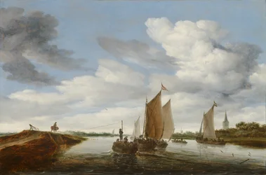 Flusslandschaft mit Segelbooten und einem von Pferden gezogenen Lastkahn