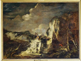 Felsige Landschaft mit einem Jäger und Kriegern