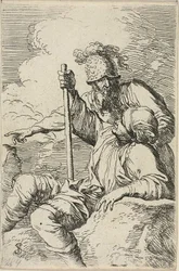 Drei Krieger, einer sitzt auf einem Felsen im Vordergrund und hält einen Stab; der zweite steht hinter ihm und zeigt, der dritte ist als Gesicht hinter ihnen zu sehen, aus der Figurinen-Serie