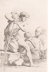 Zwei Männer sitzen und ein anderer Mann hält einen Stab und kniet auf einem Felsen, aus der Serie..., ca. 1656-1657