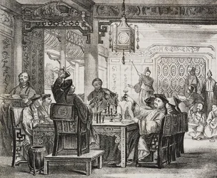 Ein reiches chinesisches Bankett, Lithographie von Salvatore Puglia aus Poliorama Pittoresco, Nr. 11, 19. Oktober