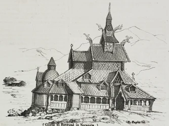 Stabkirche von Borgund, Norwegen, Lithographie von Salvatore Puglia aus Poliorama Pittoresco, Nr. 40, 14. Mai