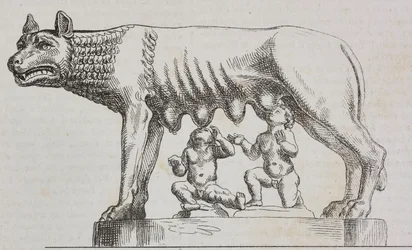 Kapitolinische Wölfin, Bronzestatue, Rom, Latium, Italien, Lithografie von Salvatore Puglia aus Poliorama Pittoresco, Nr. 25, 25. Januar