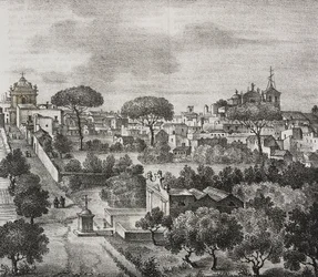 Ostansicht von Mesagne, Apulien, Italien, Lithographie von Salvatore Puglia aus Poliorama Pittoresco, Nr. 45, 15. Juni