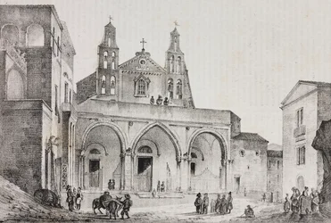 Fassade der Kathedrale von Sessa Aurunca, Kampanien, Italien, Lithographie von Salvatore Puglia nach einer Zeichnung von Pasquale Mattei aus Poliorama Pittoresco, Nr. 42, 24. Mai