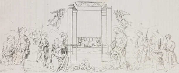 Fontignano Geburt Christi, Anbetung der Hirten, Lithographie von Salvatore Puglia nach einem Gemälde von Pietro Perugino (ca. 1450-1523) aus Poliorama Pittoresco, Nr. 42, 24. Mai