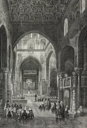 Innenraum der Palatinenkapelle im Palazzo dei Normanni oder Königspalast in Palermo, Sizilien, Italien, Lithographie von Salvatore Puglia aus Poliorama Pittoresco, Nr. 41, 21. Mai