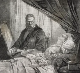 Tintoretto malt seine tote Tochter, Lithographie von Salvatore Puglia aus Poliorama Pittoresco, Nr. 27, 10. Februar