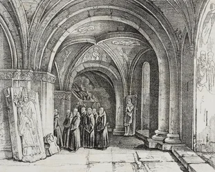 Unterirdische Kirche des Basler Münsters, Schweiz, Lithographie von Salvatore Puglia aus Poliorama Pittoresco, Nr. 50, 22. Juli