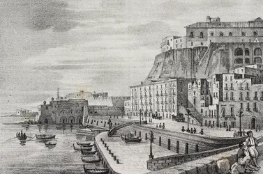Ansicht von Borgo Santa Lucia, Neapel, Kampanien, Italien, Lithographie von Salvatore Puglia