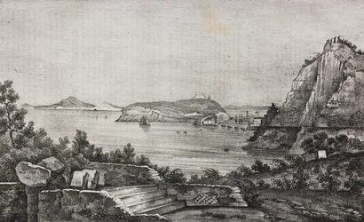 Ansicht von Posillipo von der Terrasse des Monsignore Di Pietro, Kampanien, Italien, Lithographie von Salvatore Puglia aus Poliorama Pittoresco, Nr. 32, 16. März